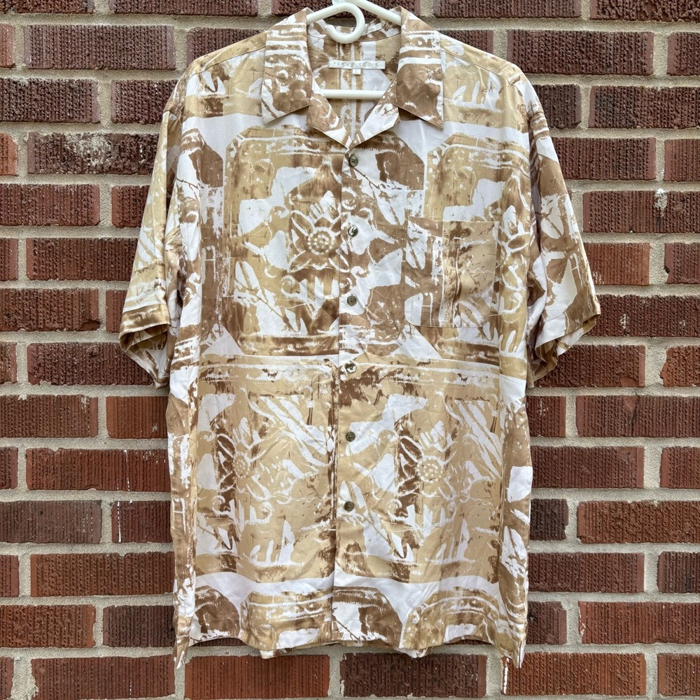 Perry Ellis Mens 100% Silk Short Sleeve Hawaiian Shirt Sz L Button Up Tiki Print